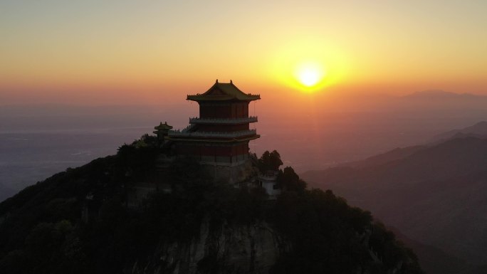 航拍陕西西安秦岭南五台景区日出云海仙境