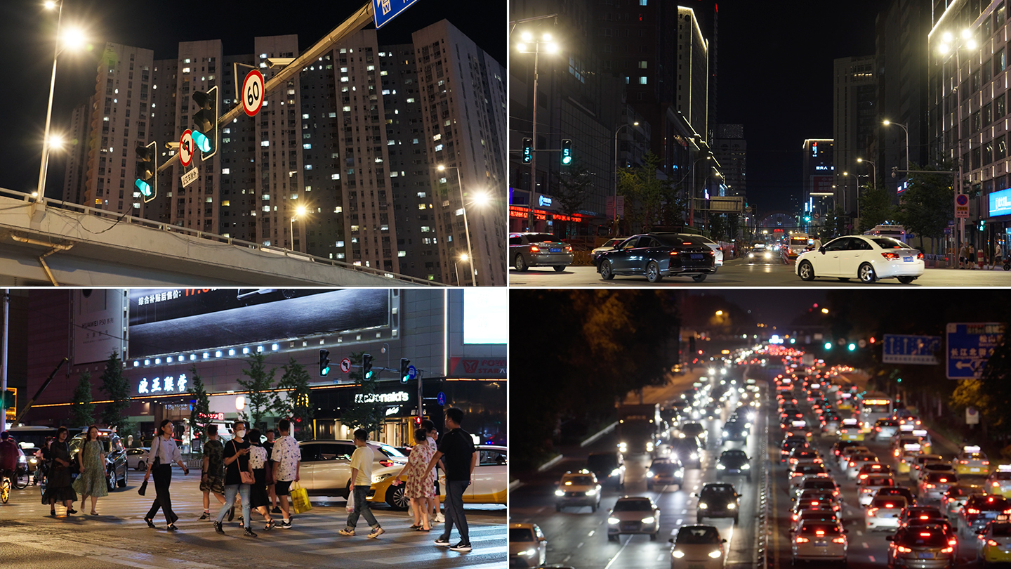 城市夜景车流人流行人过马路交通灯