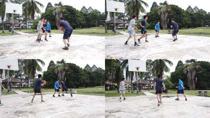 放学后在篮球场上打篮球和练习篮球的亚洲中国青少年团体