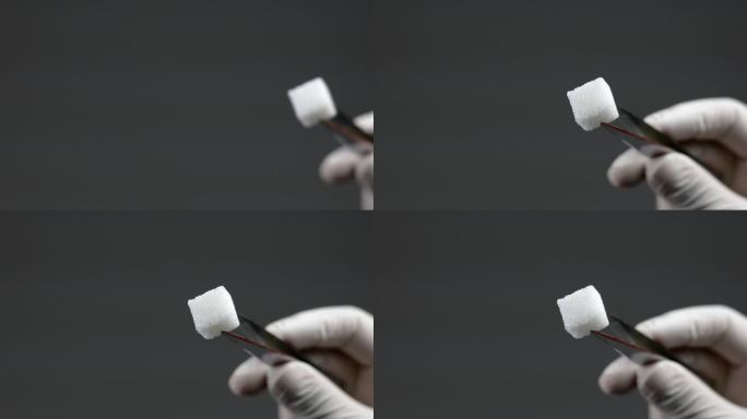 科学家展示方糖的特写镜头