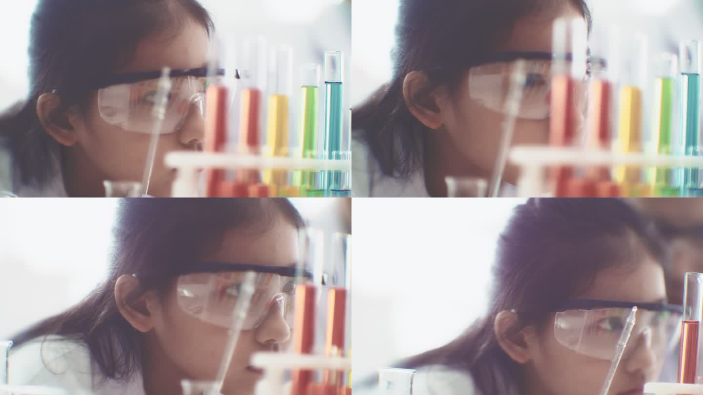 研究员，聪明女孩化学课实验课做实验