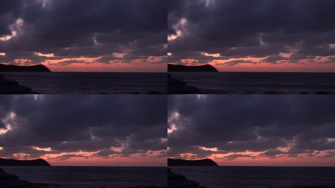 实拍天空黎明前大海海浪拍打礁石地平线海面