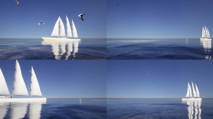 蓝色大海卷动帆船缓缓驶出海鸥风光素材