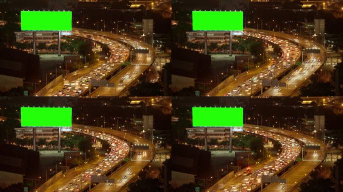 4K UHD延时：曼谷市中心夜间高速公路交通，绿屏广告牌。交通和现代城市景观及广告概念。