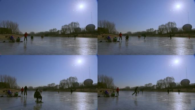 冬季公园滑冰爬犁的孩子