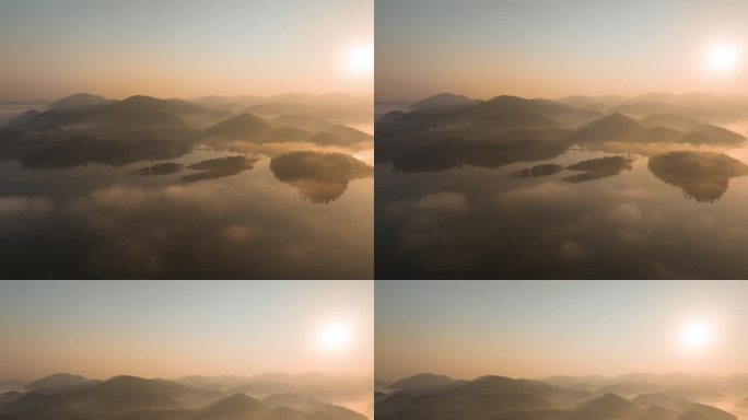 【4K正版】航拍清晨湖面云雾缭绕延时