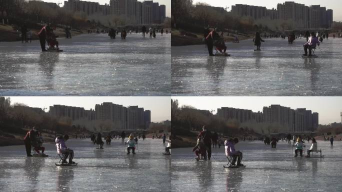 冬季玩冰车的孩子们