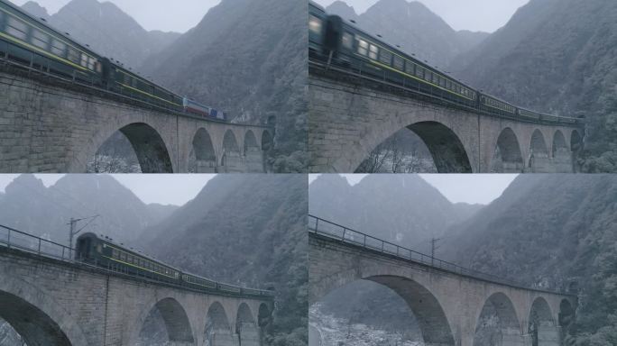 火车行驶过山间铁路大桥