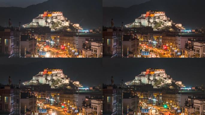 延时摄影西藏拉萨布达拉宫城市夜景车流