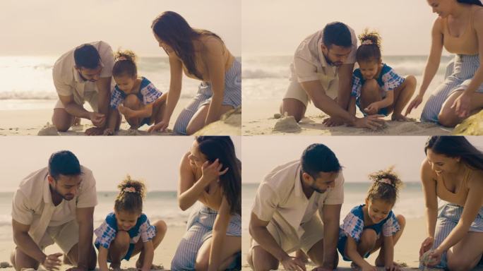 一个快乐的年轻家庭在海滩享受快乐一天的4k视频片段