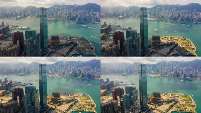 中国香港维多利亚港城市景观市区交通超视差鸟瞰图