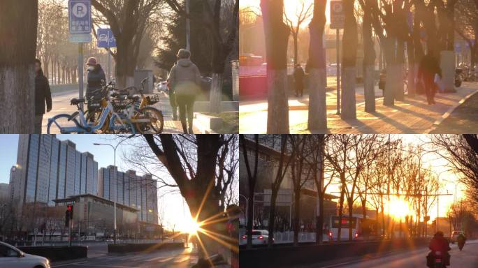 城市街景骑行打拼的人夕阳阳光灿烂都市生活