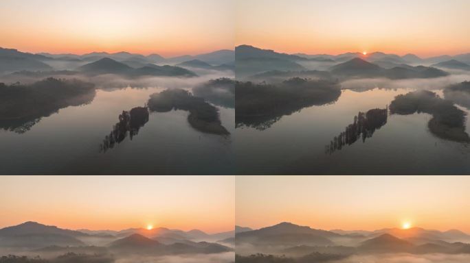 【4K正版】航拍太阳从晨雾湖面升起延时