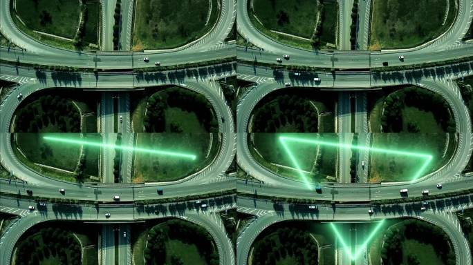 从上方拍摄的穿过大桥的三角形绿光效果