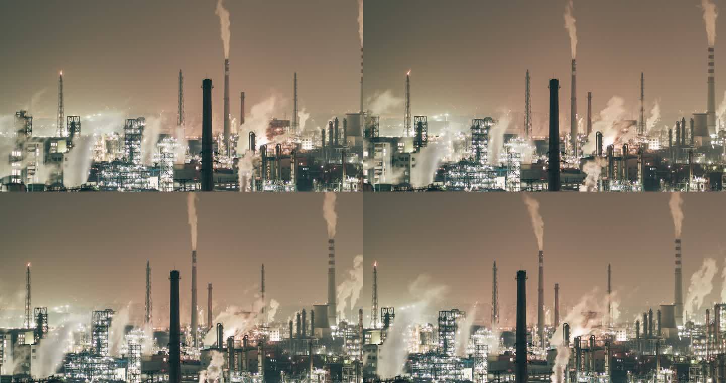 石化厂和炼油厂夜间T/L PAN鸟瞰图