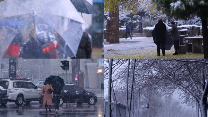 冬季雪天行人行走 冬天下雪城市街拍街景