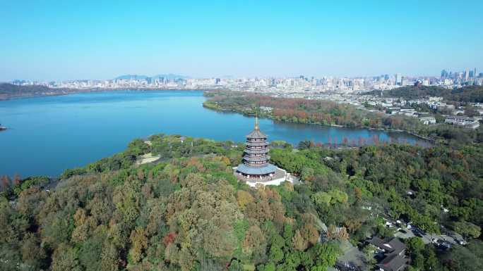 航拍杭州西湖雷峰塔