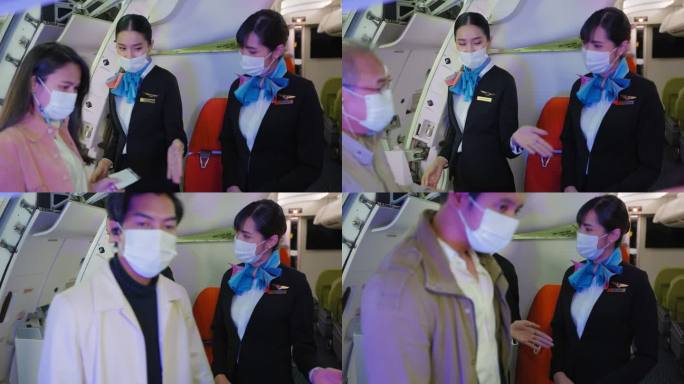 两名亚洲空姐面带防护口罩，微笑着，热烈欢迎乘坐飞机前往新冠肺炎疫情新征程的乘客。