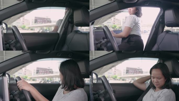 女子进入汽车驾驶员座椅并系好安全带