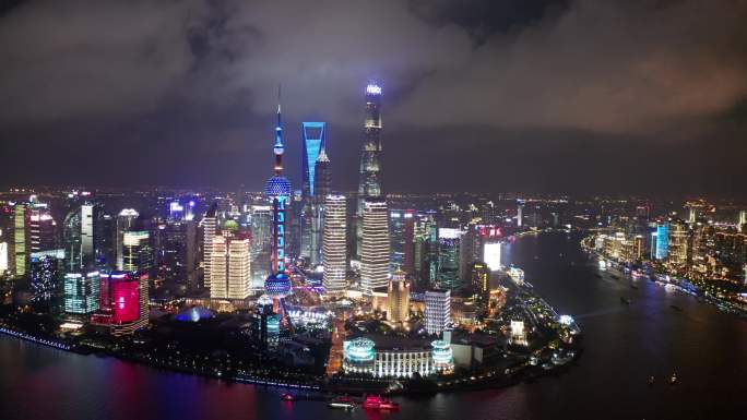 上海陆家嘴黄浦江夜景航拍视频4K