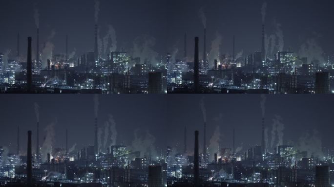 夜间石化厂和炼油厂鸟瞰图