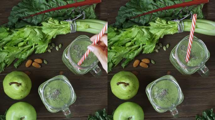 饮食理念：在绿色水果和蔬菜制成的排毒冰沙的正下方