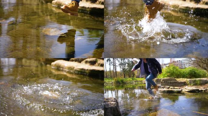 跋山涉水踩水而过趟水跨越水溏旅游徒步旅行