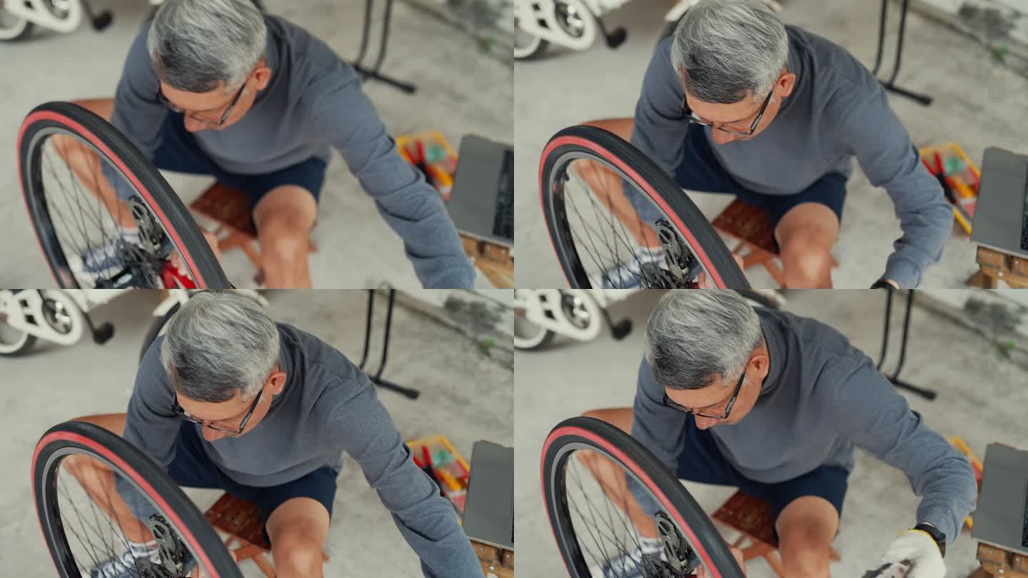 老年人调整自行车，使其适合使用。