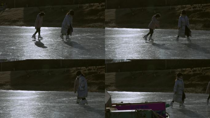 冬季公园滑冰小女孩