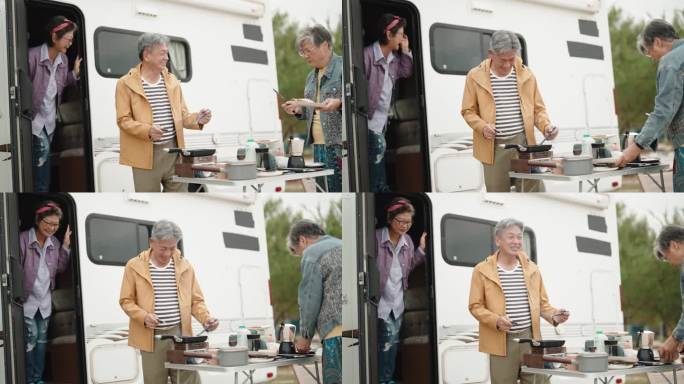在周末休闲活动中，亚裔中国老年朋友在露营车旁准备早餐