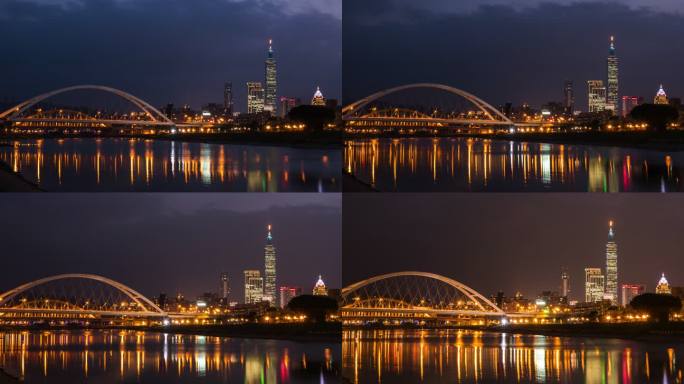 4k延时：台北市日转夜水面倒影夜景大桥