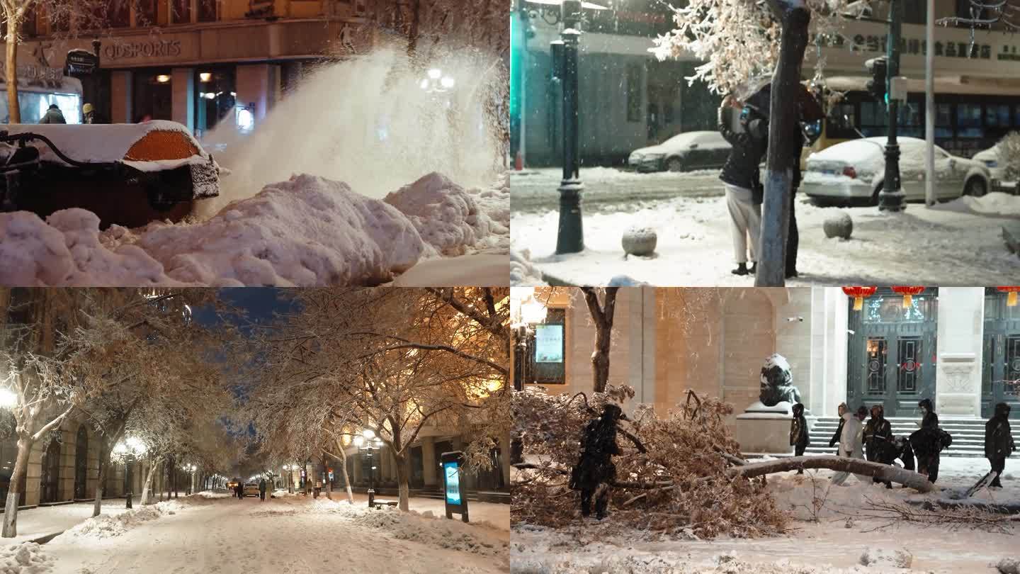 哈尔滨 中央大街 清理断树 积雪