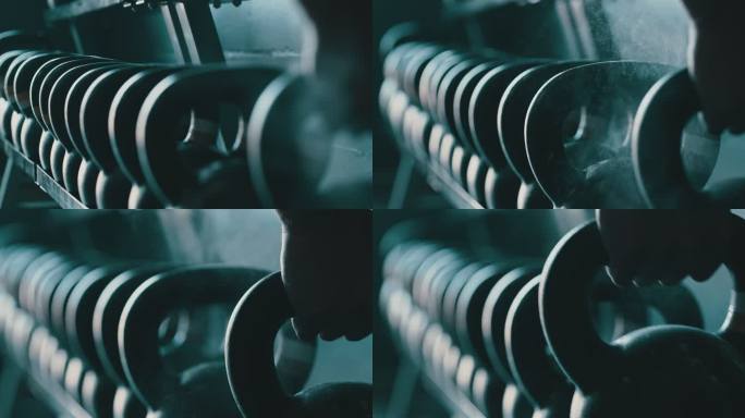 4k视频画面显示，一名不知名的男子在健身房用运动粉笔拿起壶铃