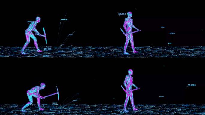 区块链上的加密货币挖掘概念。数字人正在挖矿以找到已验证的区块并赢得代币奖励