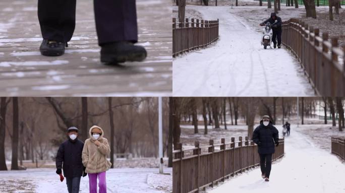 寒冷冬季行人行走老人 下雪冬天雪景