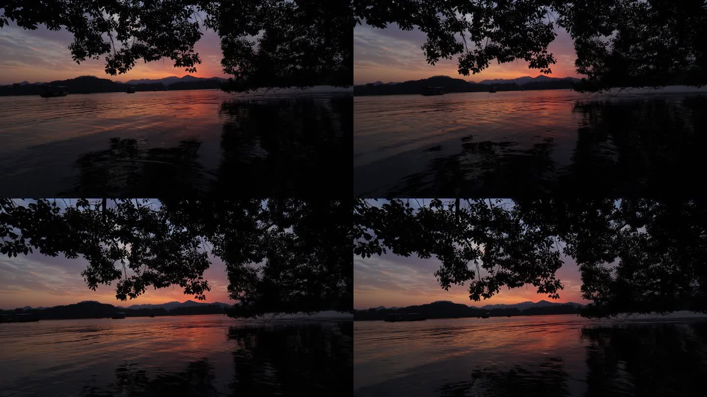 西湖低角度岸边黄昏