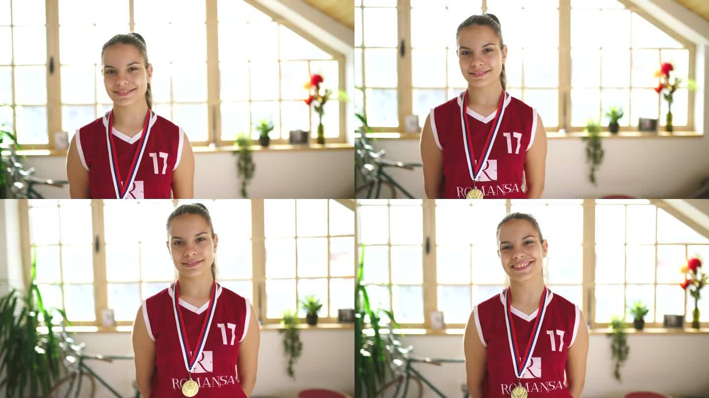 身穿篮球球衣的年轻女孩获得金牌