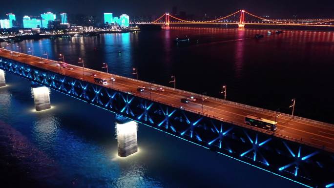 航拍武汉长江大桥夜景4k视频