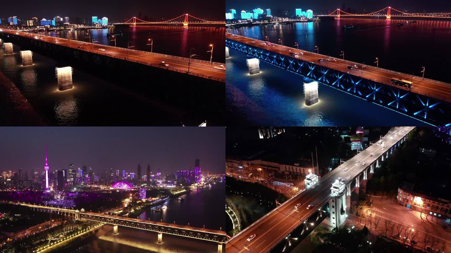 航拍武汉长江大桥夜景4k视频