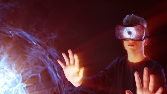 人类探索虚拟现实。VR耳机。虚拟脉冲星