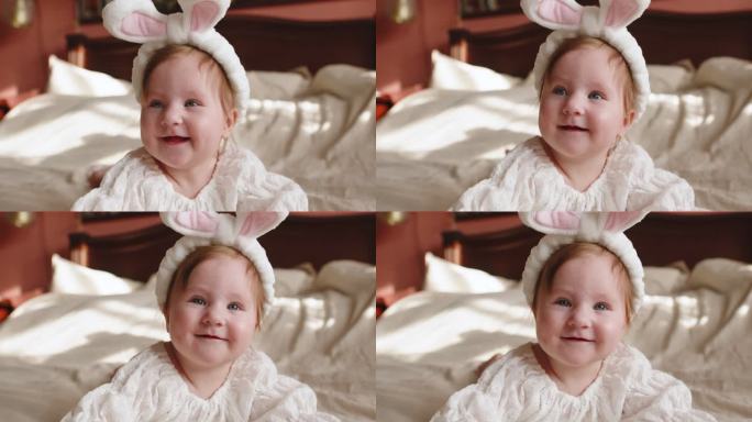 可爱的小女孩打扮成复活节兔子