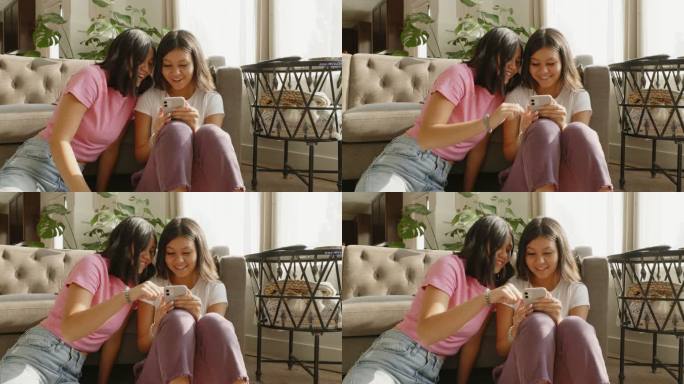 青少年姐妹在家智能手机打字线上购物刷微信