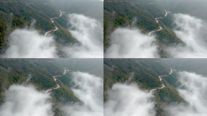 航拍金华北山云海中的盘山公路