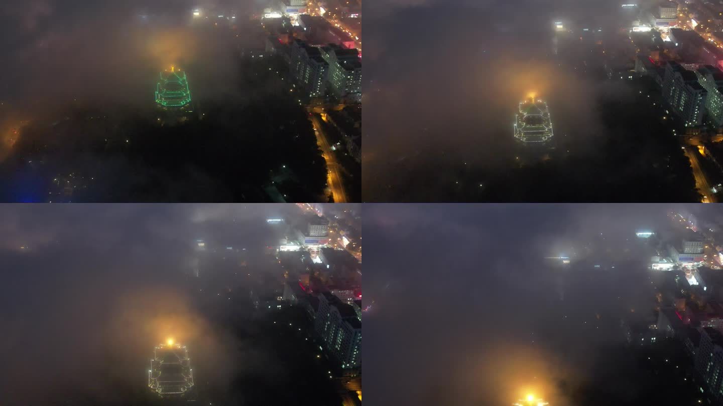 平流雾下的威海市环翠楼城市夜景