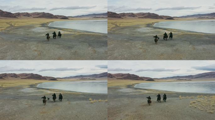 蒙古湖附近一群老鹰猎人的鸟瞰图