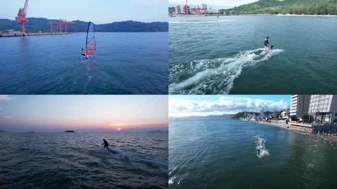 4K航拍海上运动动力冲浪帆板日落海岸线