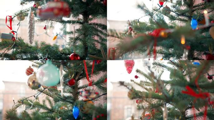 用球和灯装饰的发光圣诞树