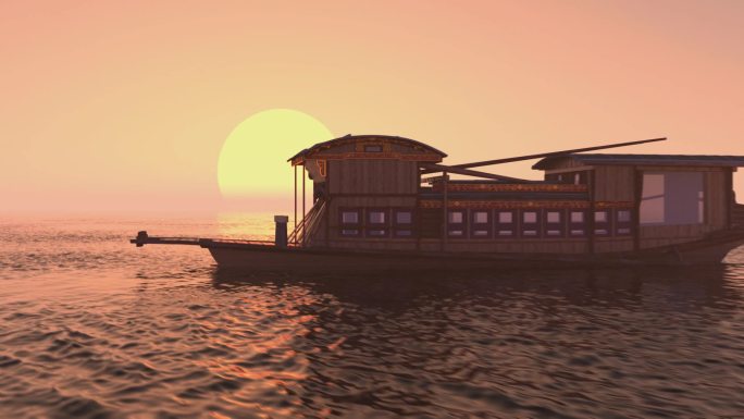 南湖红船在朝阳升起的水面上