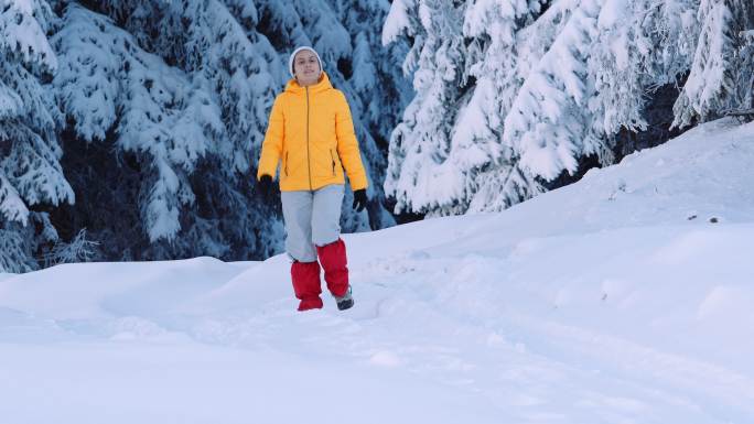 一位女士在山区的雪松林中徒步旅行。