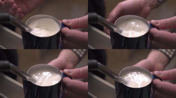 咖啡师为顾客制作热牛奶咖啡